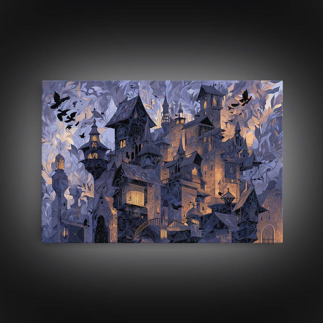 The Gargoyle Rooftop Choir - Procession Scene, Macabre Halloween Art, Landscape Wall Art, Framed Canvas Print, Halloween Home Decor