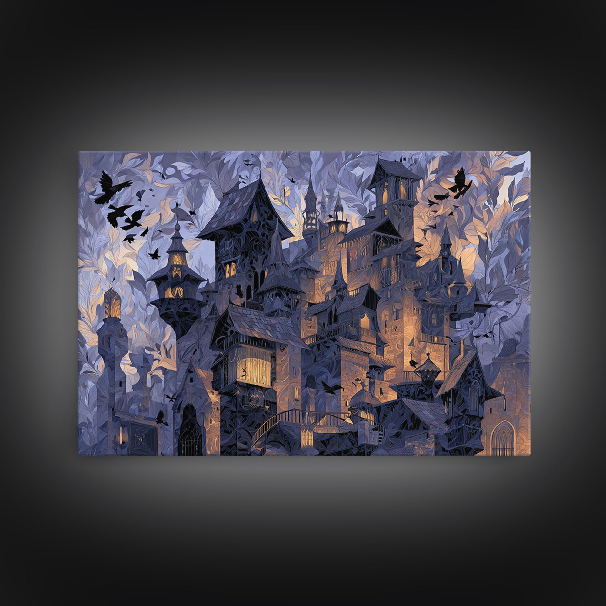 The Gargoyle Rooftop Choir - Procession Scene, Macabre Halloween Art, Landscape Wall Art, Framed Canvas Print, Halloween Home Decor