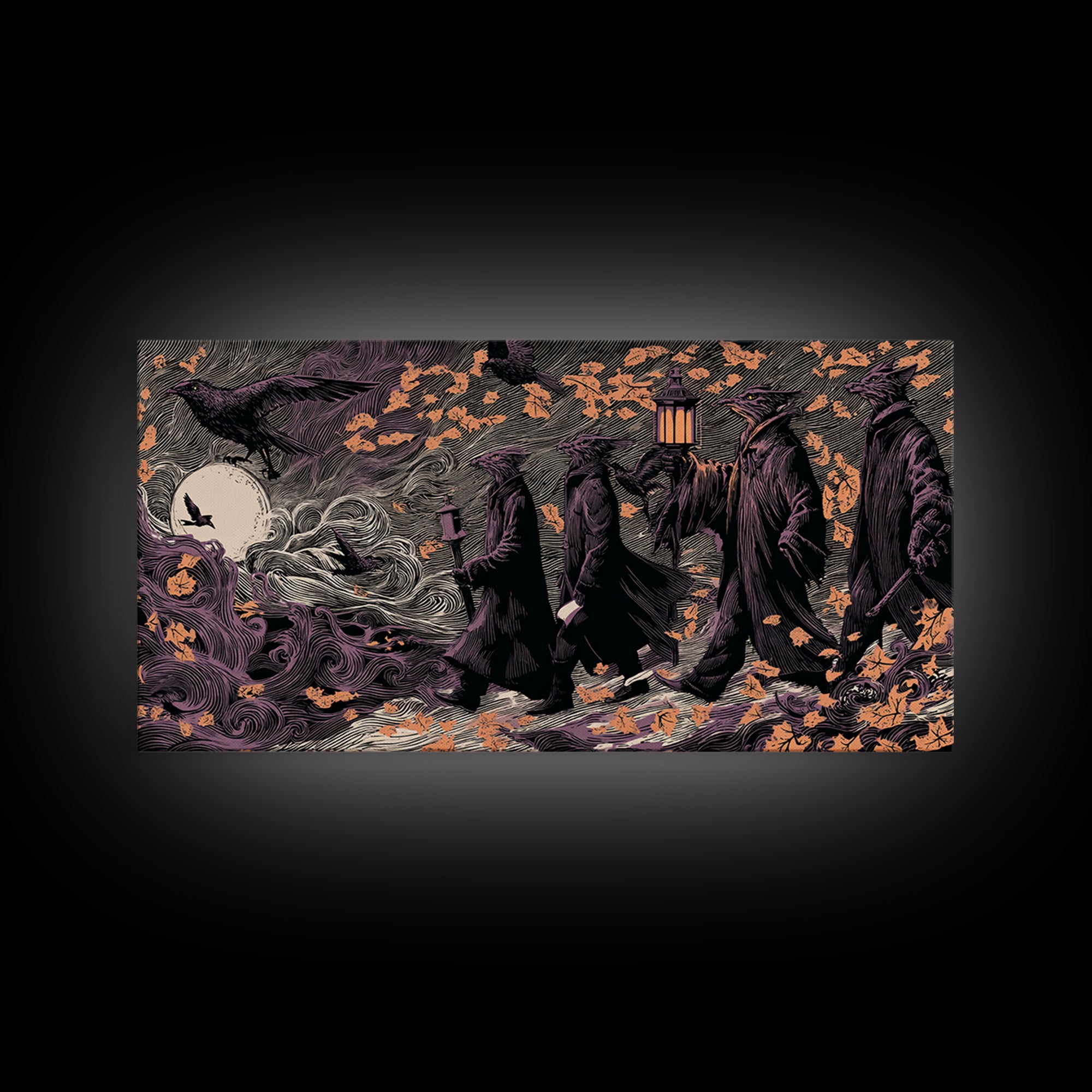The Gargoyle Rooftop Choir - Procession Scene, Spooky Wall Decor, Wide Panoramic Art, Framed Canvas Print, Halloween Home Decor