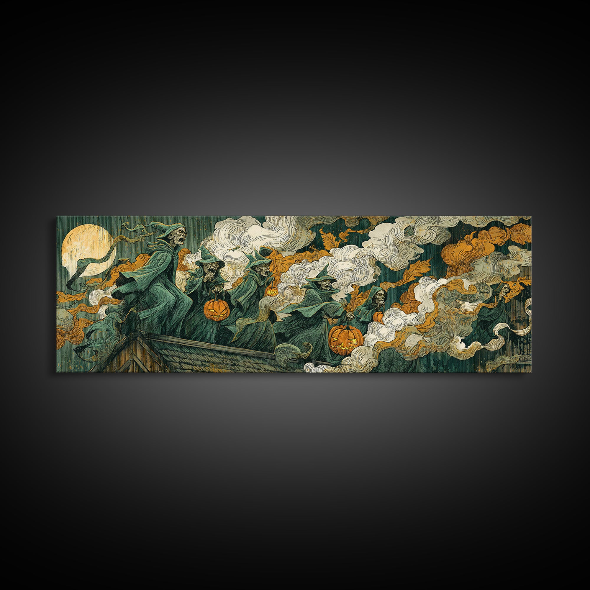 The Gargoyle Rooftop Choir - Procession Scene, Macabre Halloween Art, Extra Wide Wall Art, Framed Canvas Print, Halloween Home Decor
