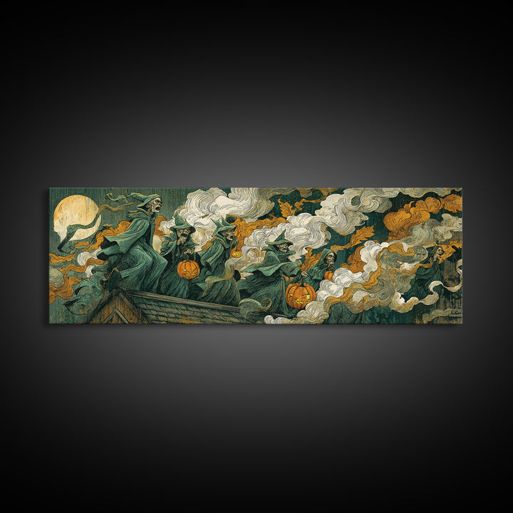 The Gargoyle Rooftop Choir - Procession Scene, Macabre Halloween Art, Extra Wide Wall Art, Framed Canvas Print, Halloween Home Decor