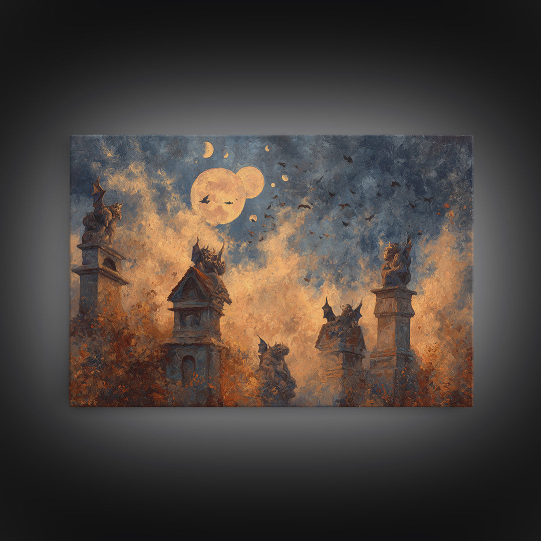 The Gargoyle Rooftop Choir - Surreal Celestial Vision, Halloween Wall Art, Landscape Wall Art, Framed Canvas Print, Halloween Home Decor