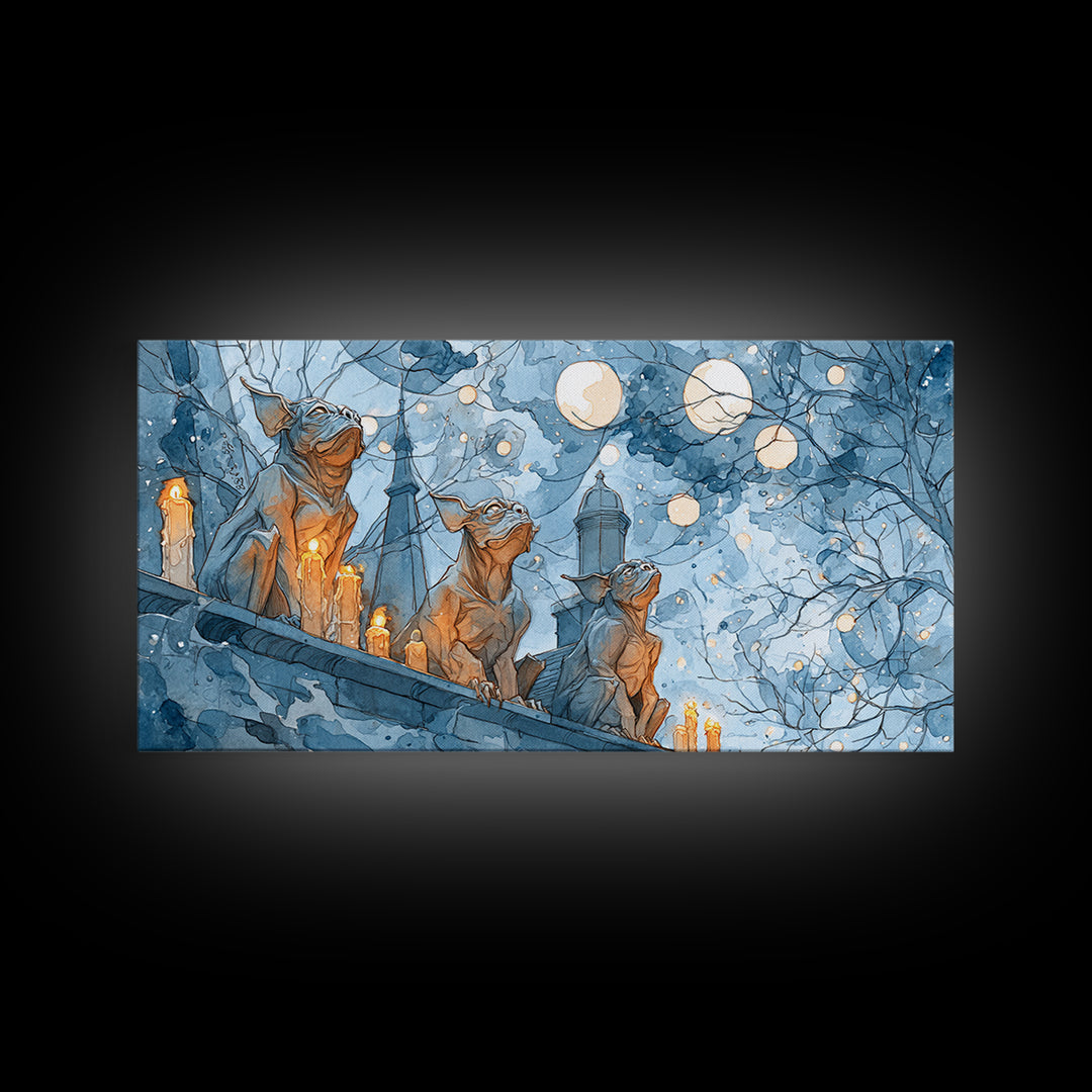 The Gargoyle Rooftop Choir - Surreal Celestial Vision, Macabre Halloween Art, Wide Panoramic Art, Framed Canvas Print, Halloween Home Decor