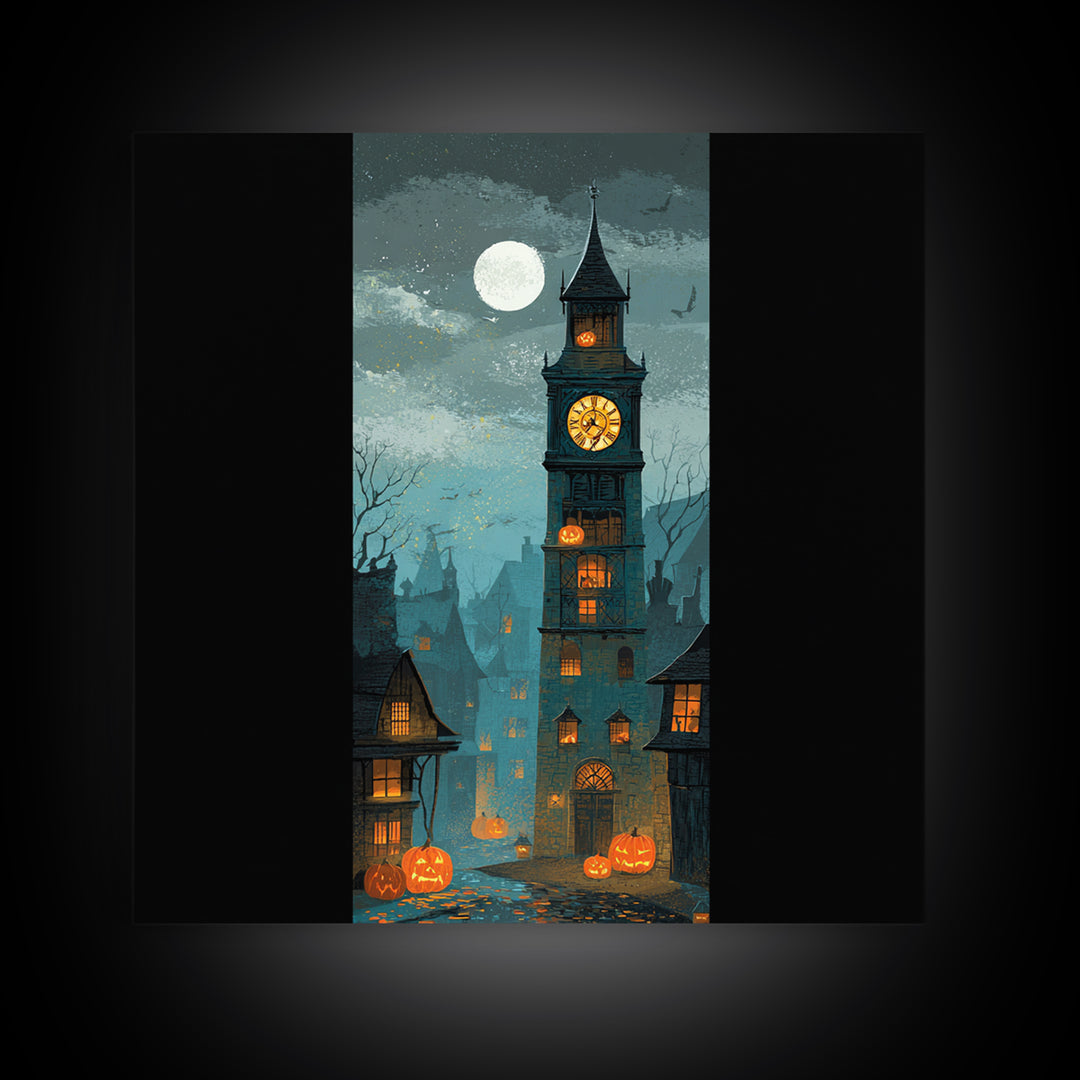 The October Clock Tower - Icon Portrait, Spooky Wall Decor, Square Wall Art, Framed Canvas Print, Halloween Home Decor, Gothic Wall Art
