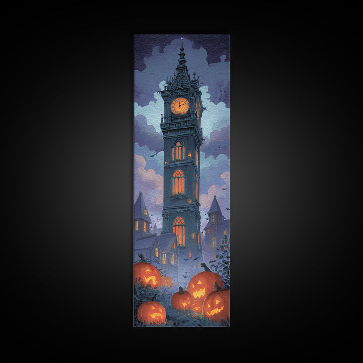The October Clock Tower - Icon Portrait, Halloween Wall Art, Tall Narrow Wall Art, Framed Canvas Print, Halloween Home Decor