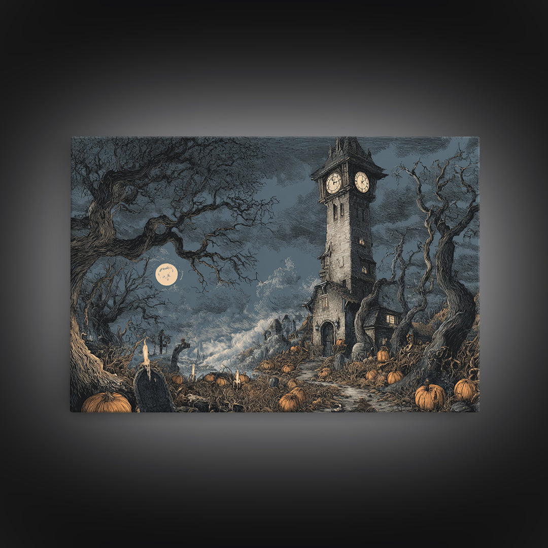 The October Clock Tower - Environmental Panorama, Gothic Home Decor, Landscape Wall Art, Canvas Print, Halloween Home Decor, Gothic Wall Art
