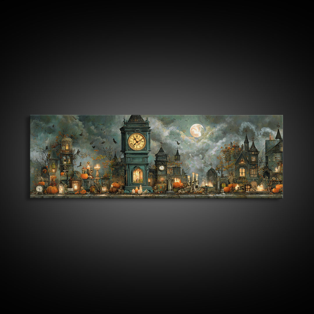 The October Clock Tower - Occult Still Life, Dark Fantasy Wall Art, Extra Wide Wall Art, Canvas Print, Halloween Home Decor, Gothic Wall Art