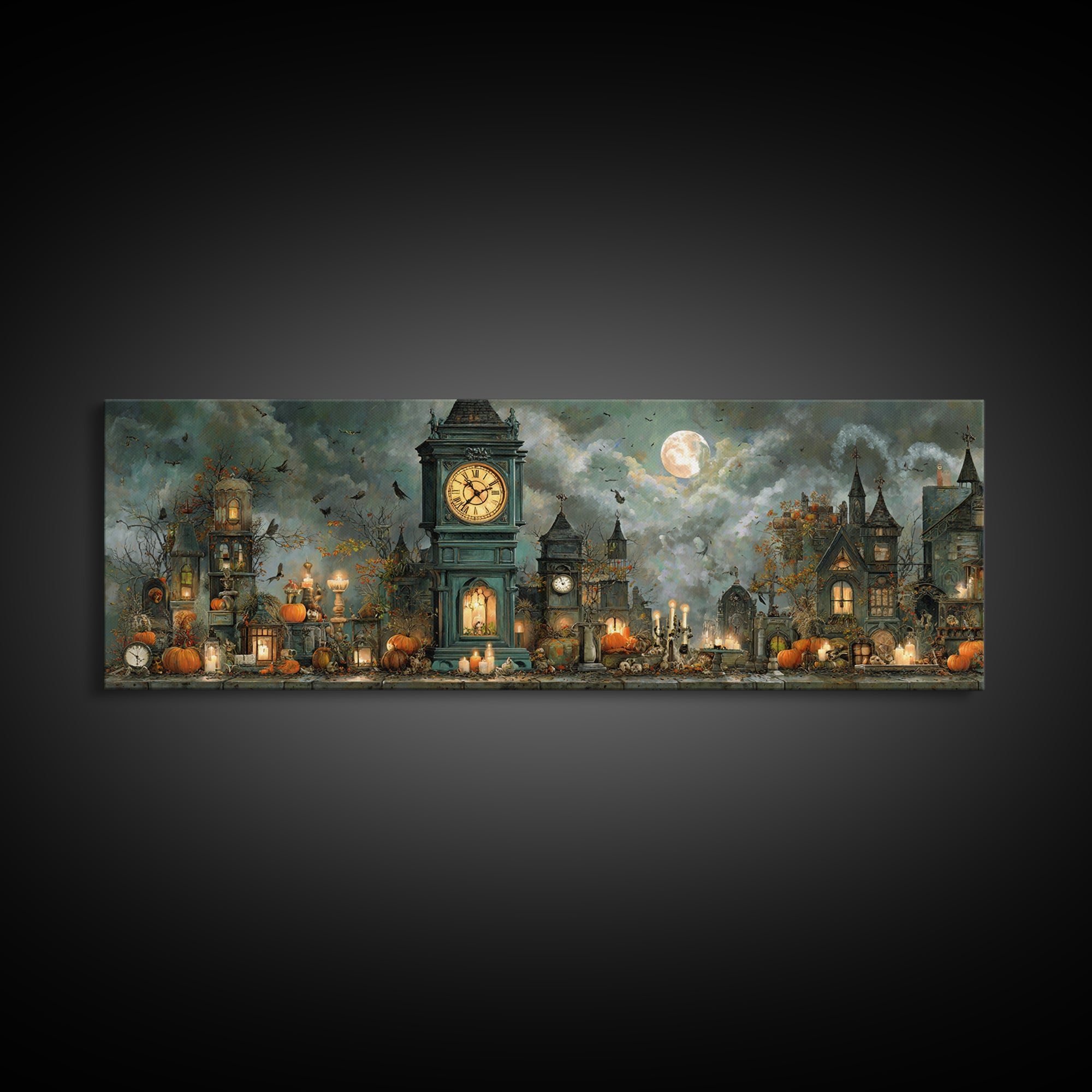 The October Clock Tower - Occult Still Life, Dark Fantasy Wall Art, Extra Wide Wall Art, Canvas Print, Halloween Home Decor, Gothic Wall Art
