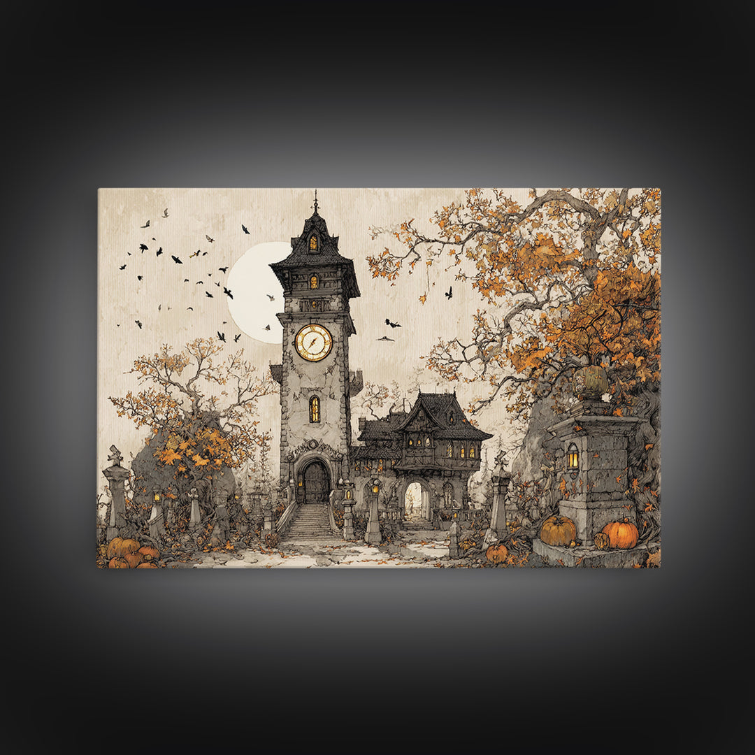 The October Clock Tower - Procession Scene, Dark Fantasy Wall Art, Landscape Wall Art, Canvas Print, Halloween Home Decor, Gothic Wall Art