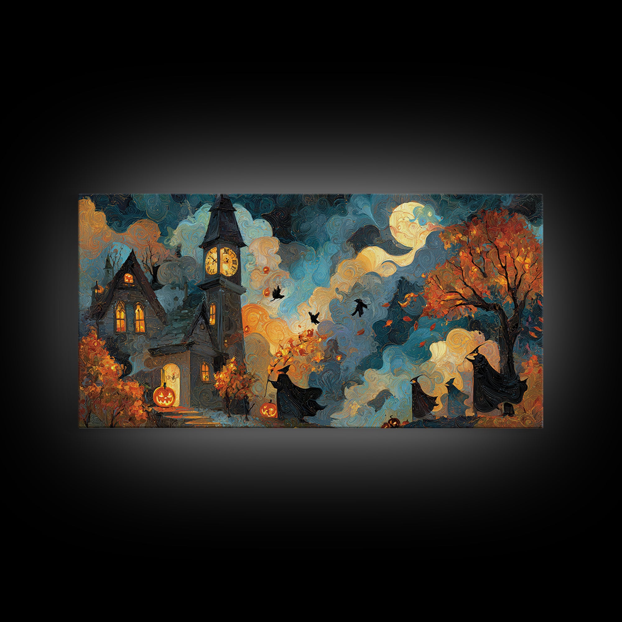 The October Clock Tower - Procession Scene, Halloween Wall Art, Wide Panoramic Art, Framed Canvas Print, Halloween Home Decor