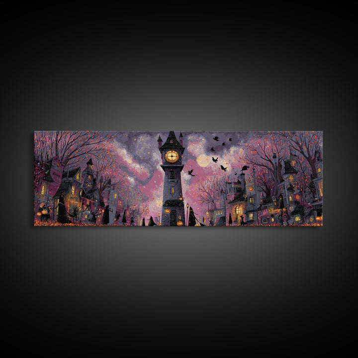 The October Clock Tower - Procession Scene, Gothic Home Decor, Extra Wide Wall Art, Canvas Print, Halloween Home Decor, Gothic Wall Art