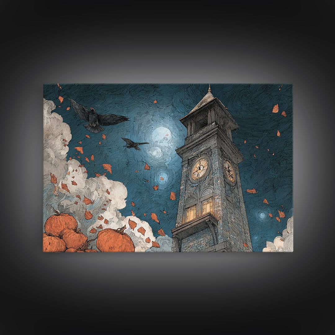 The October Clock Tower - Surreal Celestial Vision, Halloween Wall Art, Landscape Wall Art, Framed Canvas Print, Halloween Home Decor
