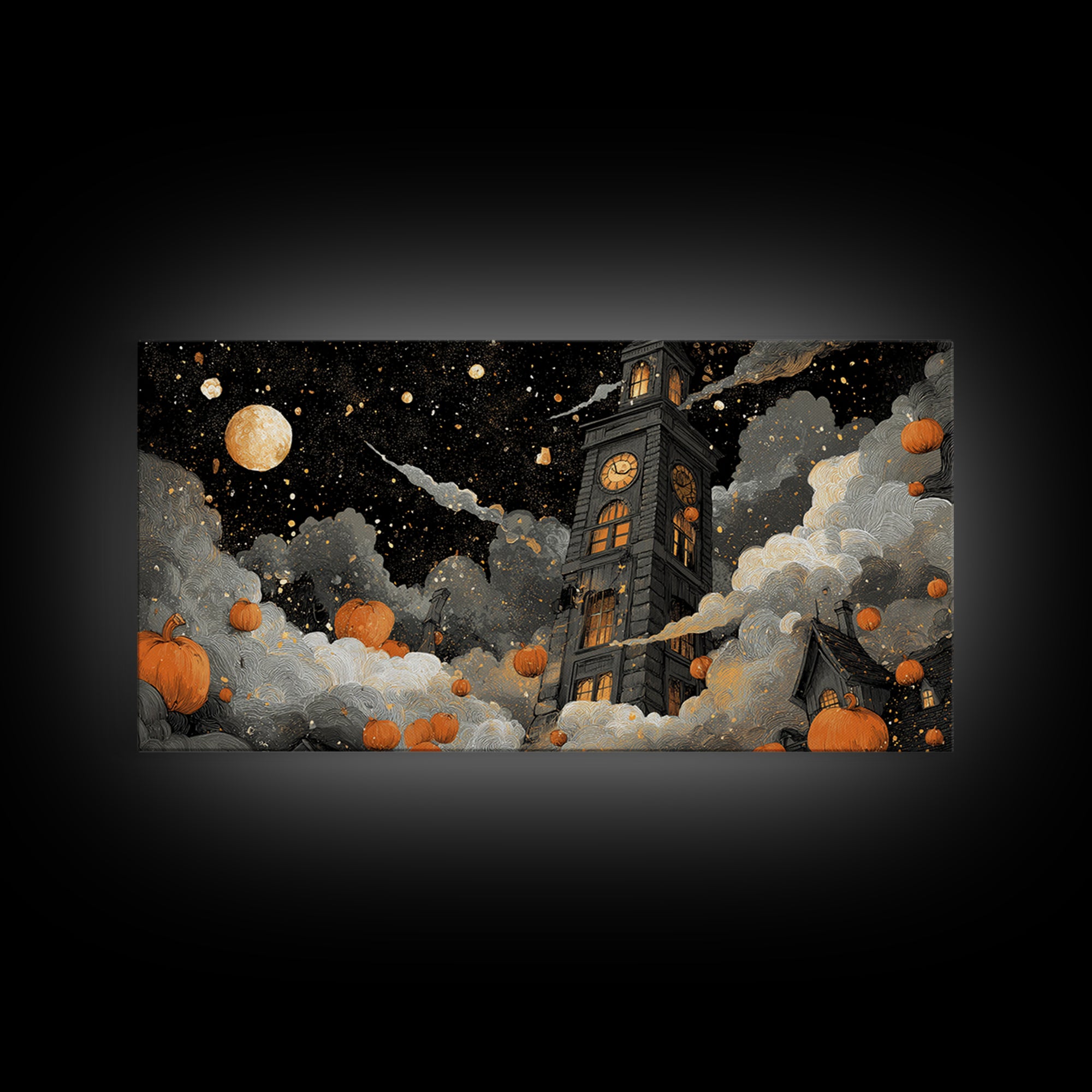 The October Clock Tower - Surreal Celestial Vision, Spooky Wall Decor, Wide Panoramic Art, Framed Canvas Print, Halloween Home Decor