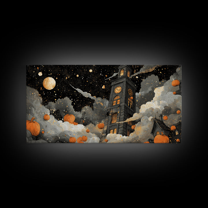 The October Clock Tower - Surreal Celestial Vision, Spooky Wall Decor, Wide Panoramic Art, Framed Canvas Print, Halloween Home Decor