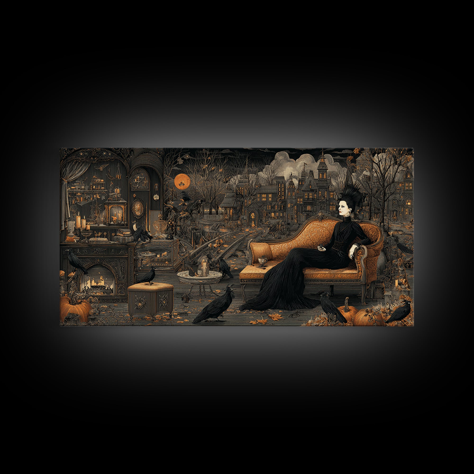 The Spider Queen Parlor - Environmental Panorama, Gothic Home Decor, Wide Panoramic Art, Canvas Print, Halloween Home Decor, Gothic Wall Art