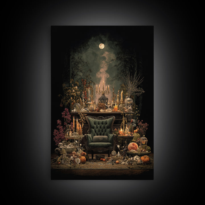 The Spider Queen Parlor - Occult Still Life, Spooky Wall Decor, Vertical Wall Art, Framed Canvas Print, Halloween Home Decor