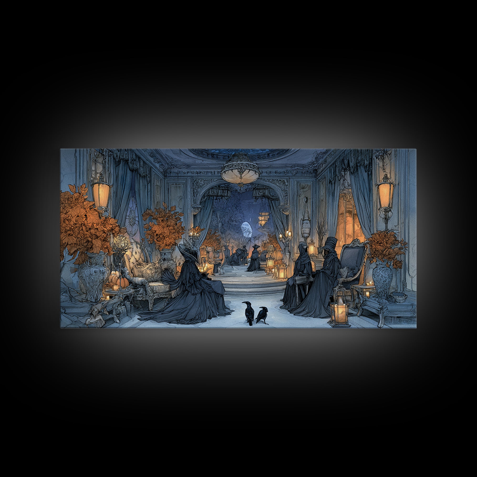 The Spider Queen Parlor - Procession Scene, Spooky Wall Decor, Wide Panoramic Art, Framed Canvas Print, Halloween Home Decor