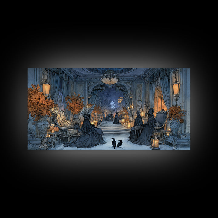 The Spider Queen Parlor - Procession Scene, Spooky Wall Decor, Wide Panoramic Art, Framed Canvas Print, Halloween Home Decor