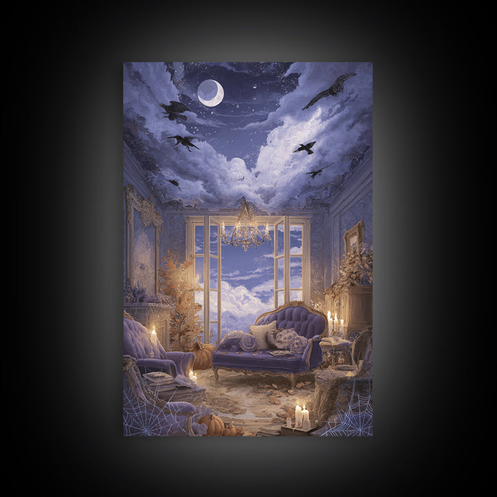 The Spider Queen Parlor - Surreal Celestial Vision, Macabre Halloween Art, Vertical Wall Art, Framed Canvas Print, Halloween Home Decor
