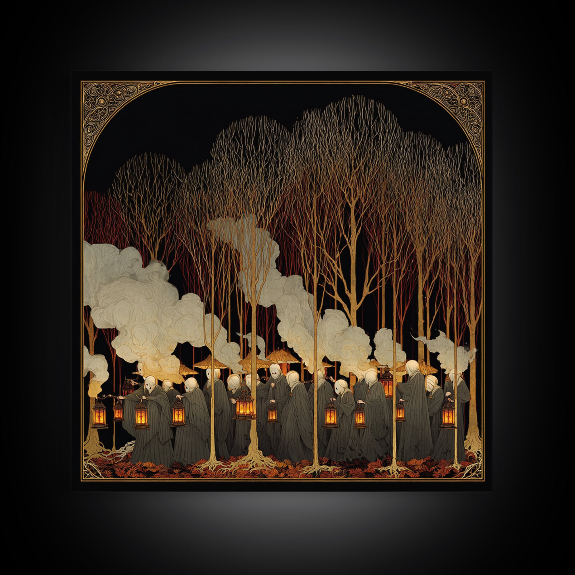 The Golden Funeral Procession - Icon Portrait, Spooky Wall Decor, Square Wall Art, Framed Canvas Print, Halloween Home Decor