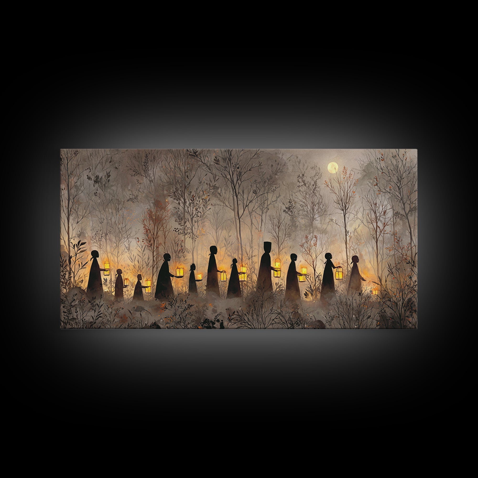 The Golden Funeral Procession - Icon Portrait, Macabre Halloween Art, Wide Panoramic Art, Framed Canvas Print, Halloween Home Decor