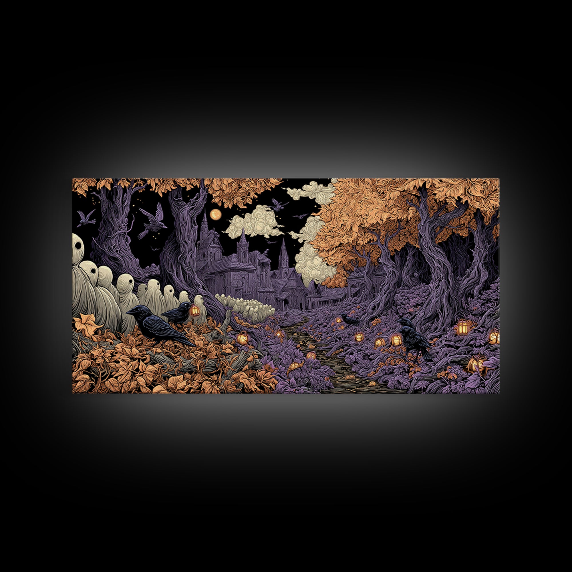 The Golden Funeral Procession - Environmental Panorama, Occult Wall Decor, Wide Panoramic Art, Canvas Print, Halloween Home Decor