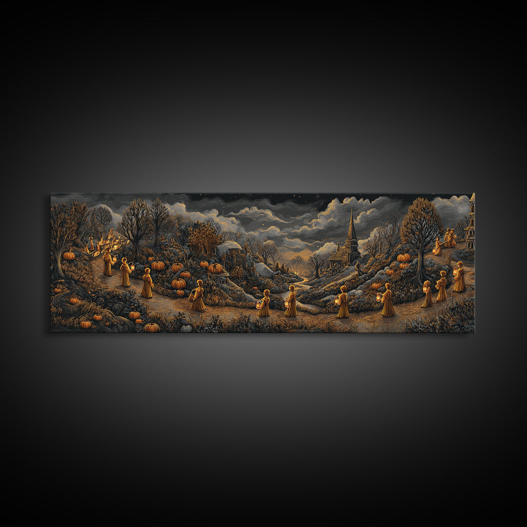 The Golden Funeral Procession - Environmental Panorama, Gothic Home Decor, Extra Wide Wall Art, Canvas Print, Halloween Home Decor