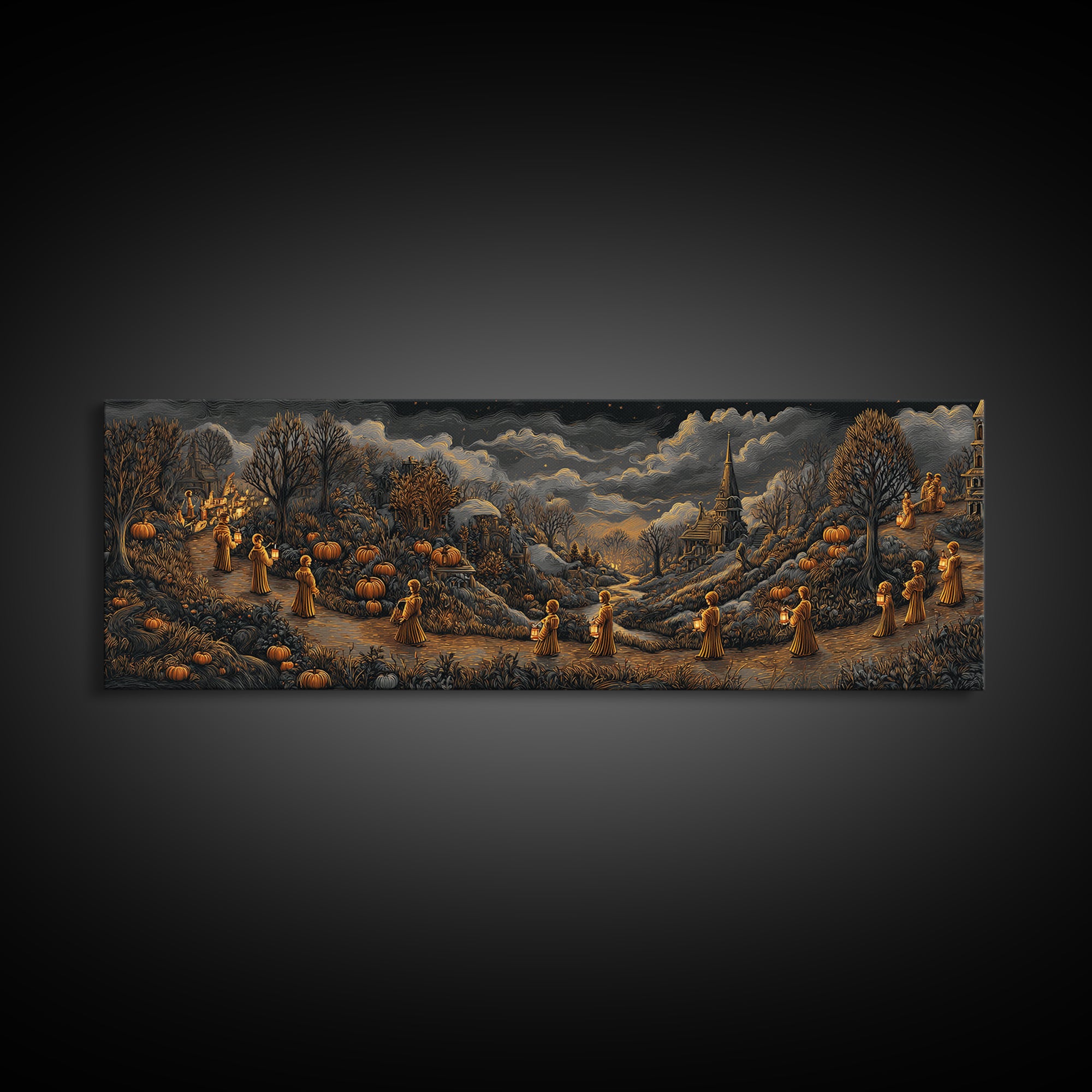 The Golden Funeral Procession - Environmental Panorama, Gothic Home Decor, Extra Wide Wall Art, Canvas Print, Halloween Home Decor