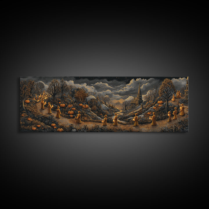 The Golden Funeral Procession - Environmental Panorama, Gothic Home Decor, Extra Wide Wall Art, Canvas Print, Halloween Home Decor