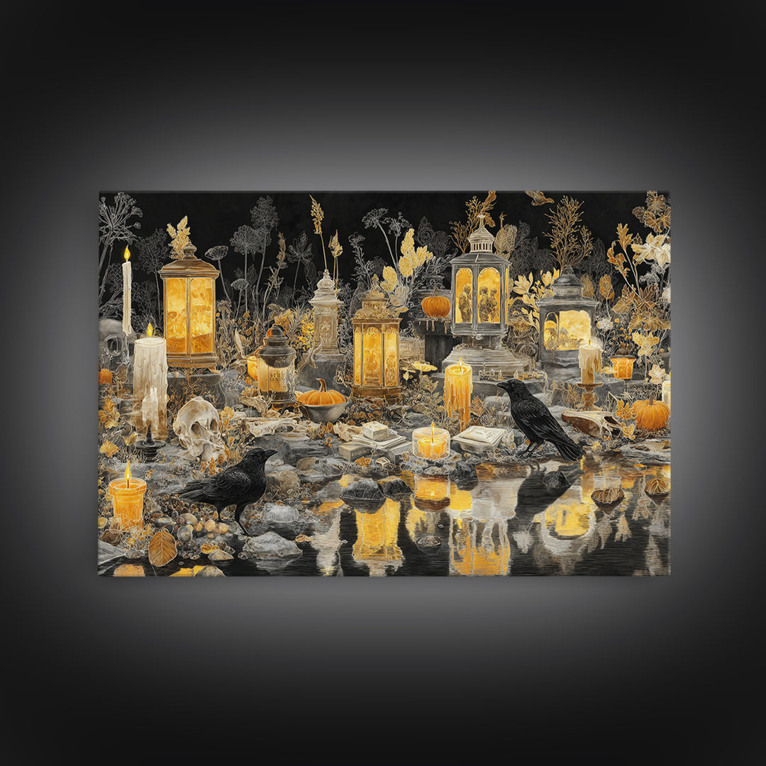 The Golden Funeral Procession - Occult Still Life, Halloween Wall Art, Landscape Wall Art, Framed Canvas Print, Halloween Home Decor