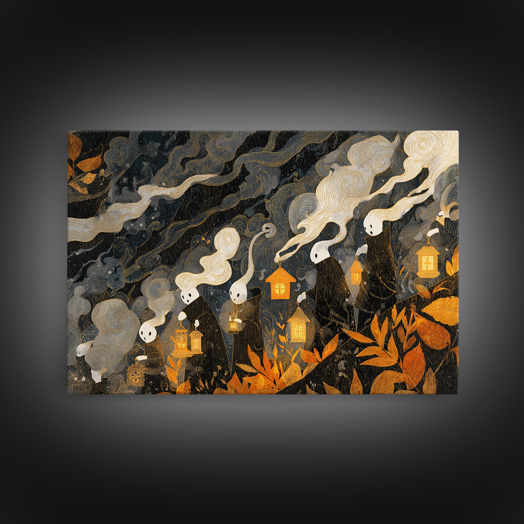 The Golden Funeral Procession - Procession Scene, Spooky Wall Decor, Landscape Wall Art, Framed Canvas Print, Halloween Home Decor