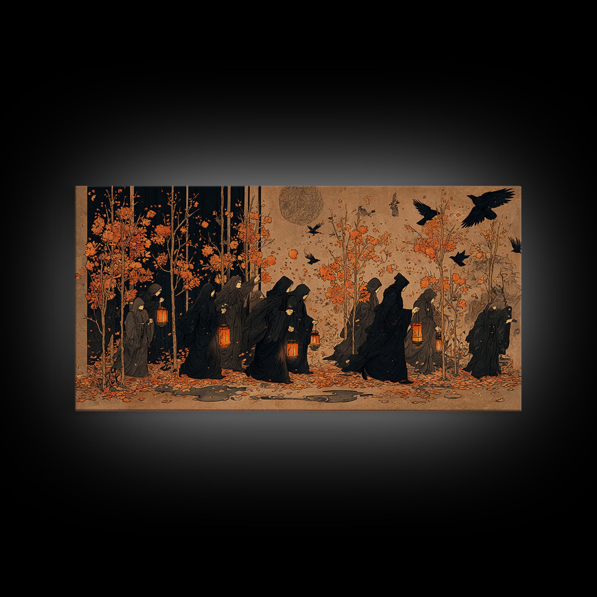 The Golden Funeral Procession - Procession Scene, Spooky Wall Decor, Wide Panoramic Art, Framed Canvas Print, Halloween Home Decor