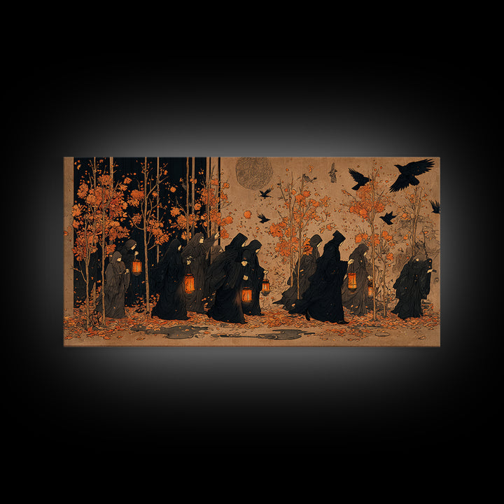 The Golden Funeral Procession - Procession Scene, Spooky Wall Decor, Wide Panoramic Art, Framed Canvas Print, Halloween Home Decor