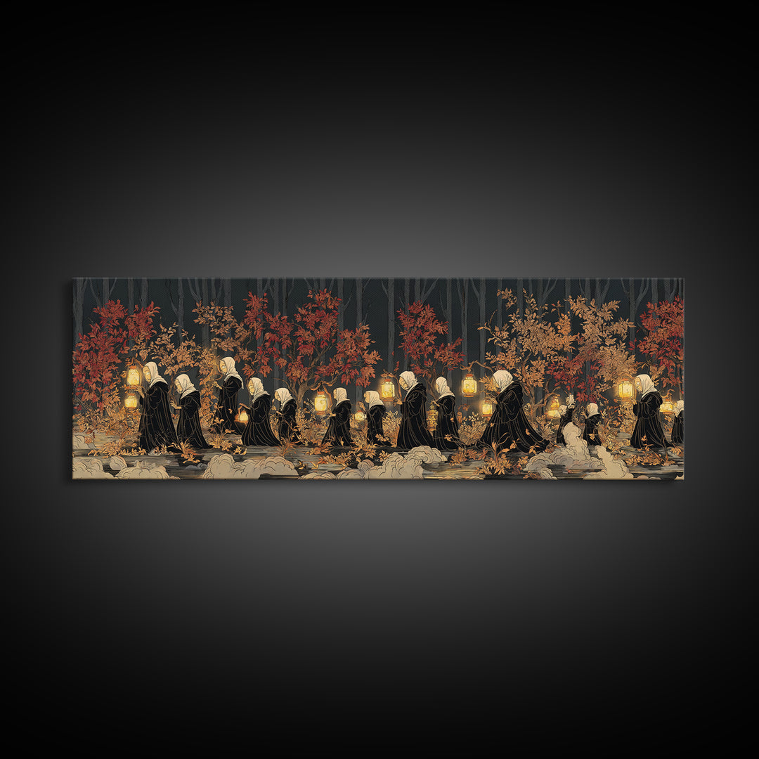 The Golden Funeral Procession - Procession Scene, Occult Wall Decor, Extra Wide Wall Art, Canvas Print, Halloween Home Decor