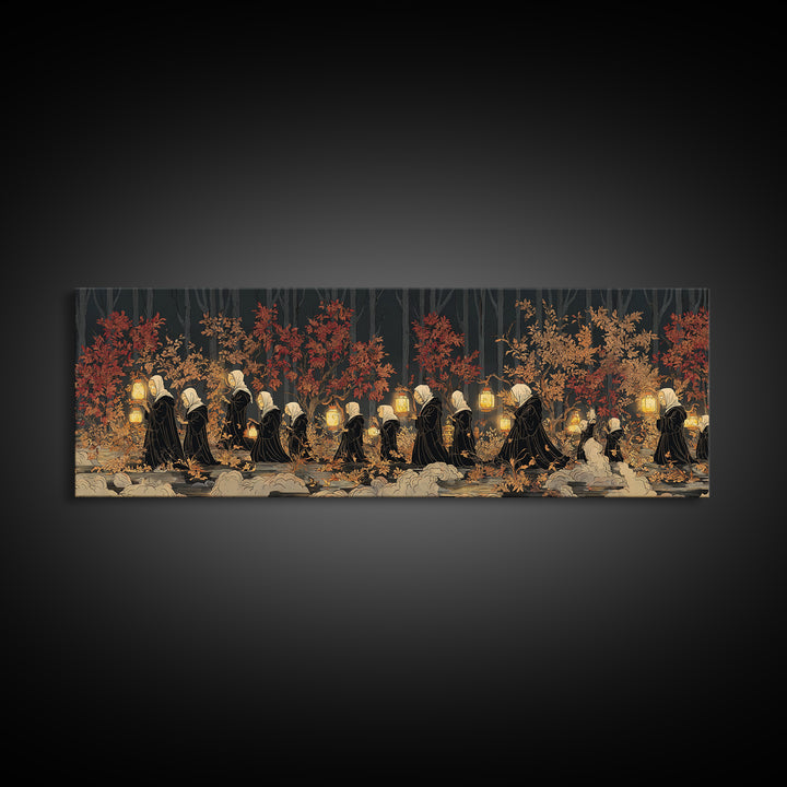 The Golden Funeral Procession - Procession Scene, Occult Wall Decor, Extra Wide Wall Art, Canvas Print, Halloween Home Decor