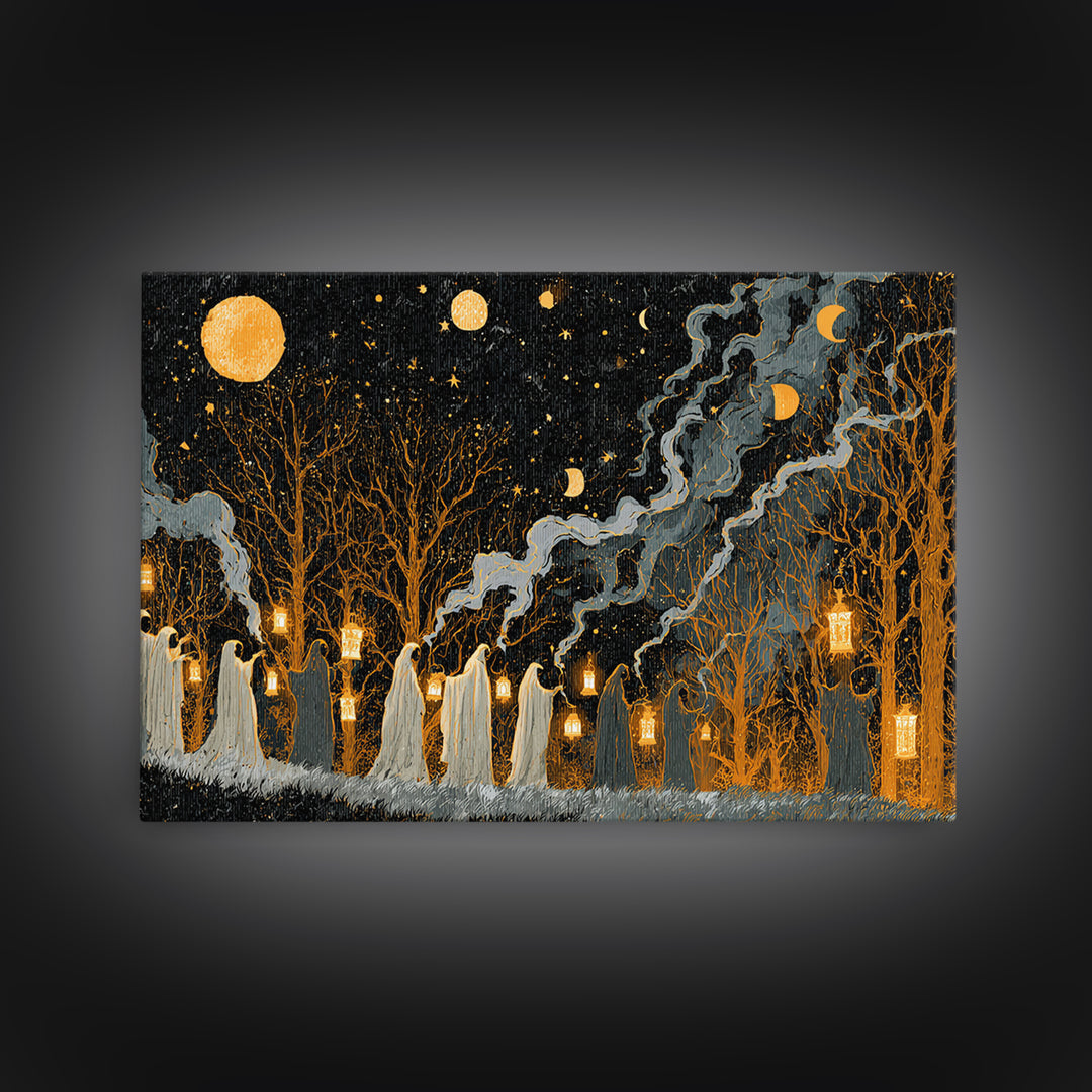 The Golden Funeral Procession - Surreal Celestial Vision, Occult Wall Decor, Landscape Wall Art, Canvas Print, Halloween Home Decor