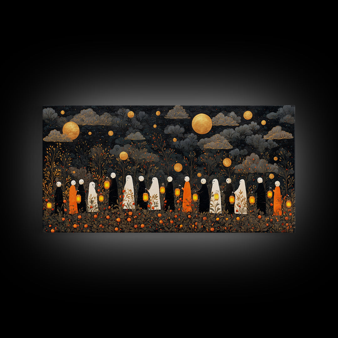 The Golden Funeral Procession - Surreal Celestial Vision, Dark Fantasy Wall Art, Wide Panoramic Art, Canvas Print, Halloween Home Decor