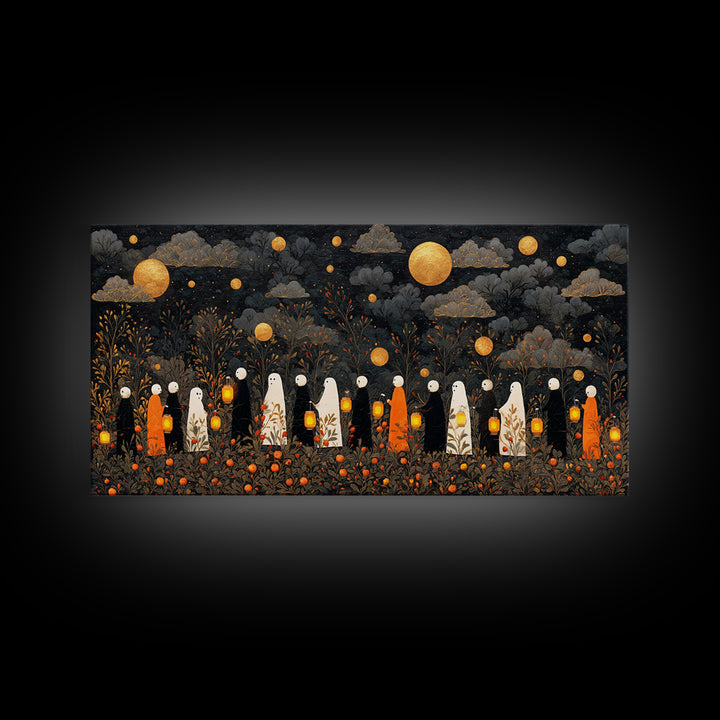 The Golden Funeral Procession - Surreal Celestial Vision, Dark Fantasy Wall Art, Wide Panoramic Art, Canvas Print, Halloween Home Decor