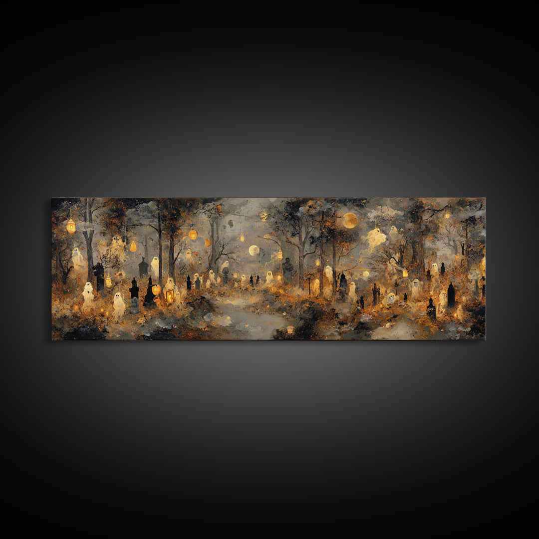 The Golden Funeral Procession - Surreal Celestial Vision, Gothic Home Decor, Extra Wide Wall Art, Canvas Print, Halloween Home Decor