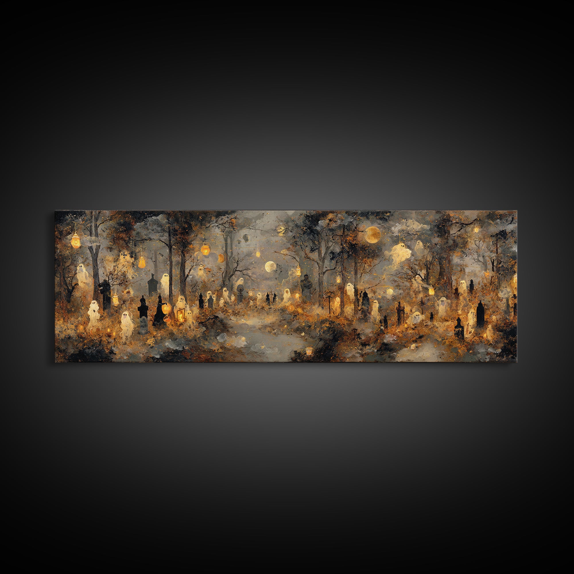 The Golden Funeral Procession - Surreal Celestial Vision, Gothic Home Decor, Extra Wide Wall Art, Canvas Print, Halloween Home Decor