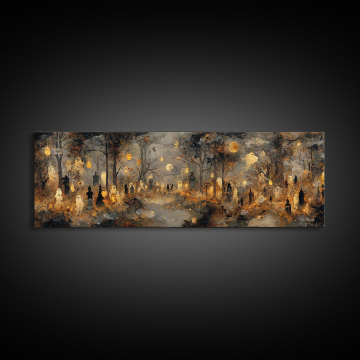 The Golden Funeral Procession - Surreal Celestial Vision, Gothic Home Decor, Extra Wide Wall Art, Canvas Print, Halloween Home Decor