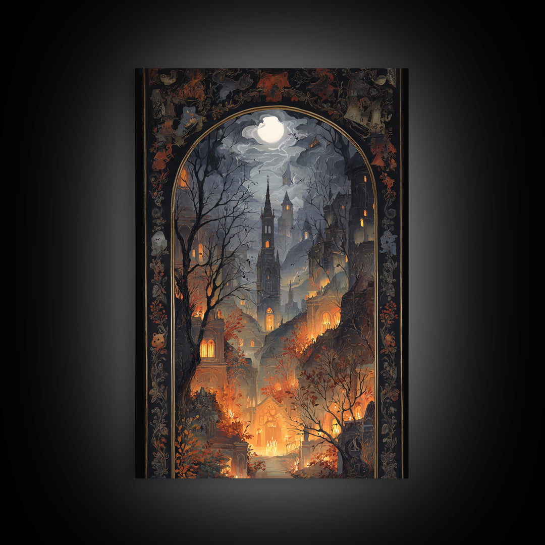 The Monster In The Mirror Cabinet - Environmental Panorama, Macabre Halloween Art, Vertical Wall Art, Framed Canvas Print, Gothic Wall Art