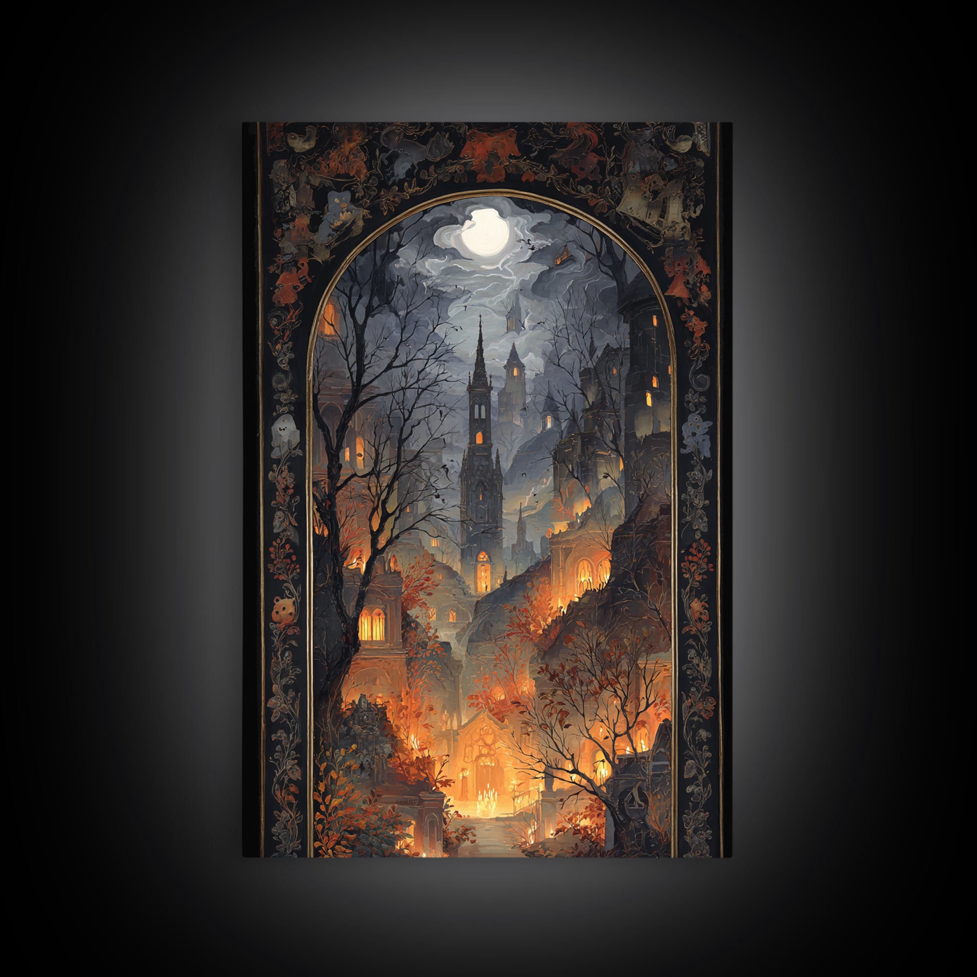 The Monster In The Mirror Cabinet - Environmental Panorama, Macabre Halloween Art, Vertical Wall Art, Framed Canvas Print, Gothic Wall Art