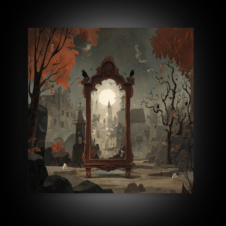 The Monster In The Mirror Cabinet - Environmental Panorama, Halloween Wall Art, Square Wall Art, Framed Canvas Print, Halloween Home Decor