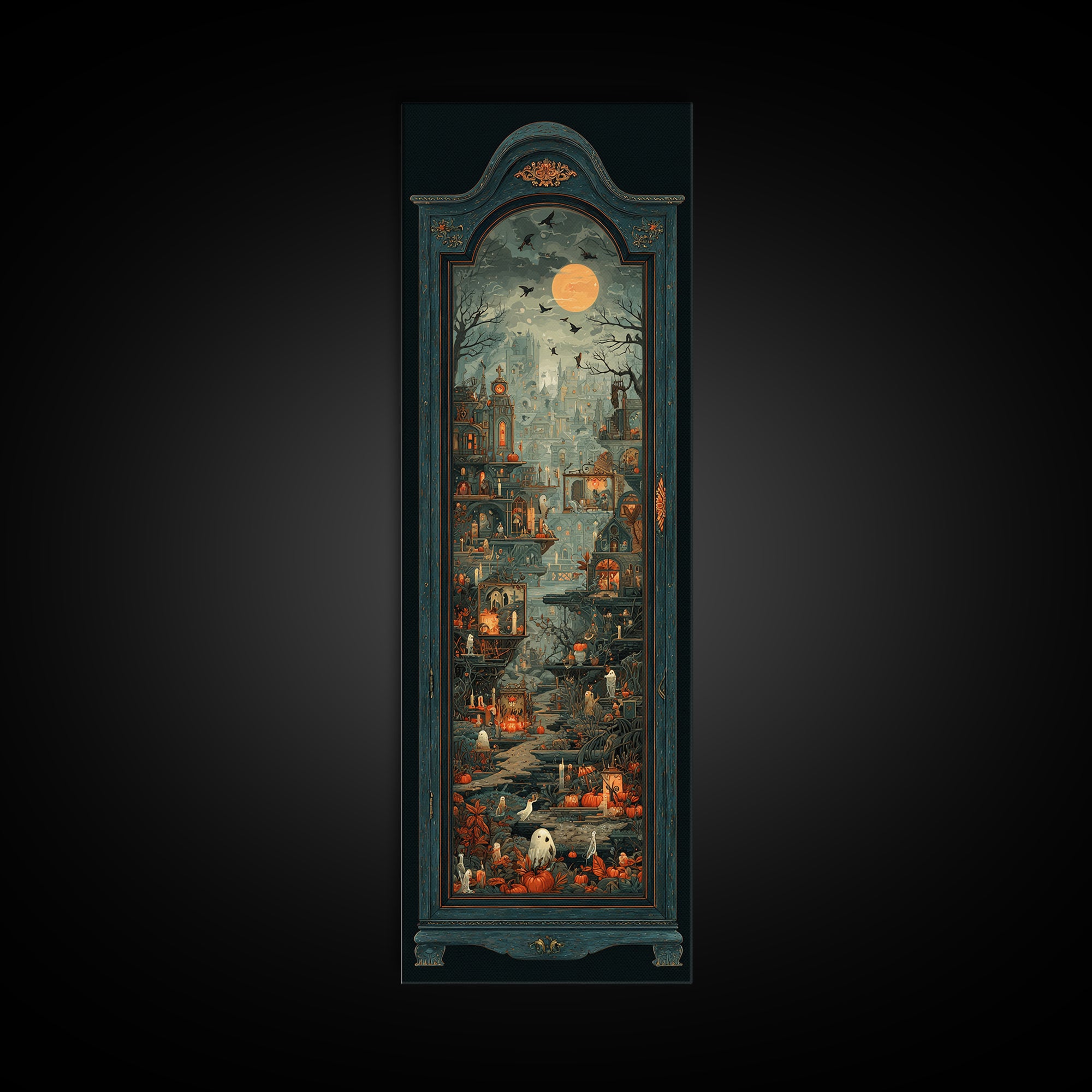 The Monster In The Mirror Cabinet - Environmental Panorama, Halloween Wall Art, Tall Narrow Wall Art, Framed Canvas Print, Gothic Wall Art