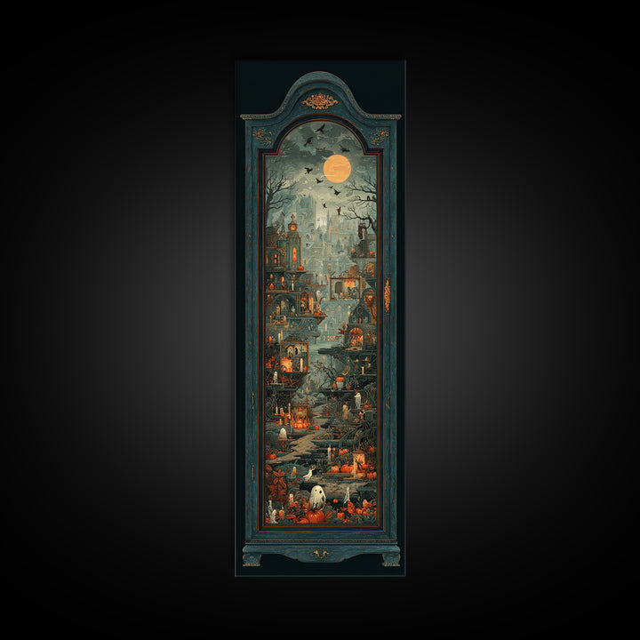 The Monster In The Mirror Cabinet - Environmental Panorama, Halloween Wall Art, Tall Narrow Wall Art, Framed Canvas Print, Gothic Wall Art
