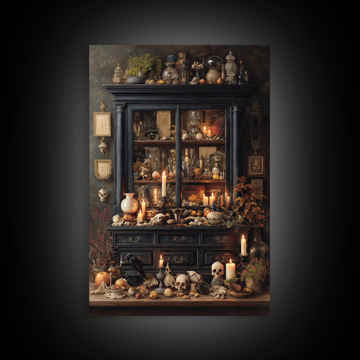 The Monster In The Mirror Cabinet - Occult Still Life, Macabre Halloween Art, Vertical Wall Art, Framed Canvas Print, Halloween Home Decor