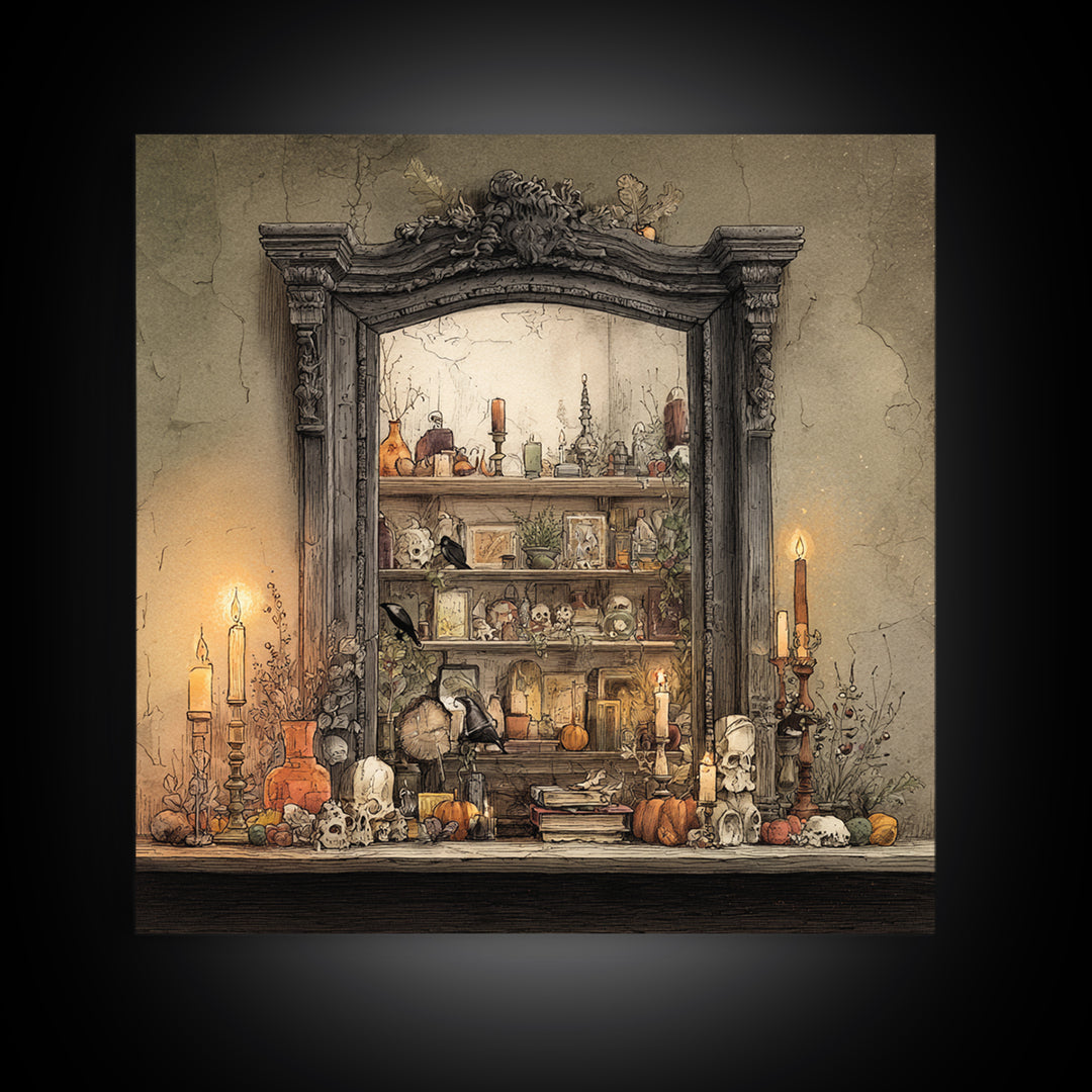 The Monster In The Mirror Cabinet - Occult Still Life, Dark Fantasy Wall Art, Square Wall Art, Canvas Print, Halloween Home Decor