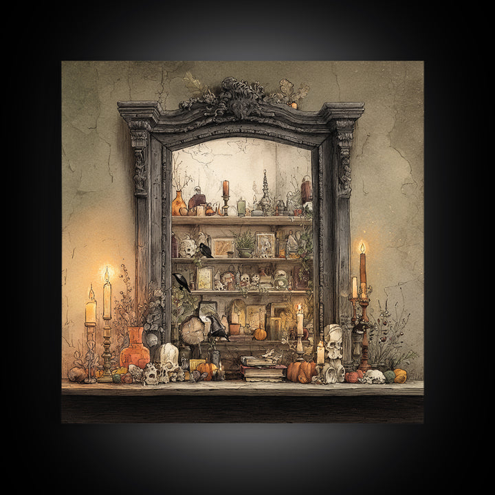 The Monster In The Mirror Cabinet - Occult Still Life, Dark Fantasy Wall Art, Square Wall Art, Canvas Print, Halloween Home Decor