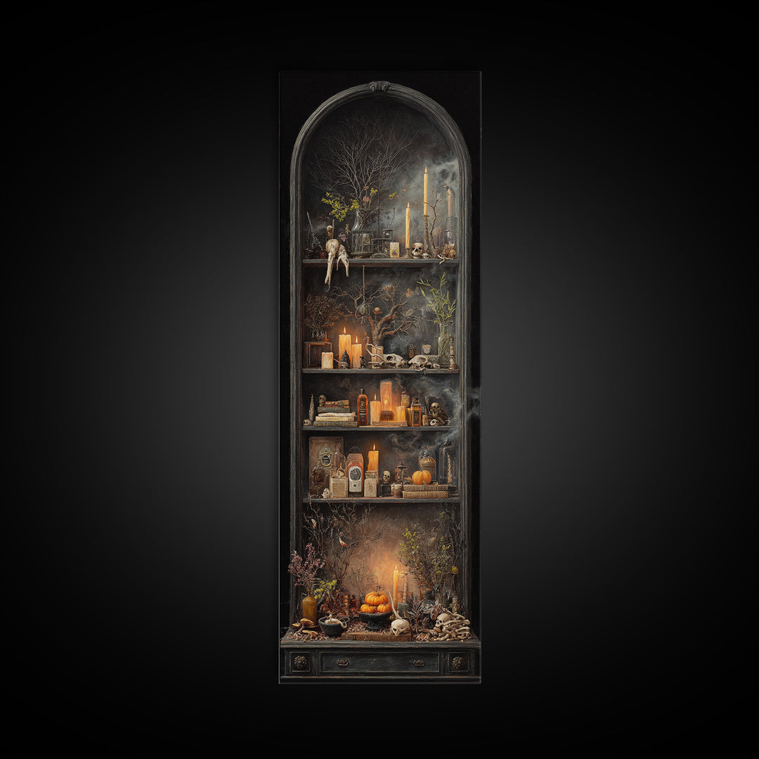 The Monster In The Mirror Cabinet - Occult Still Life, Dark Fantasy Wall Art, Tall Narrow Wall Art, Canvas Print, Halloween Home Decor